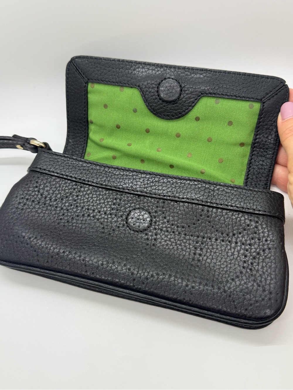 Kate Spade Black Pebbled Leather Wristlet Clutch Green Polka Dot Lining Y2K - Picture 10 of 15